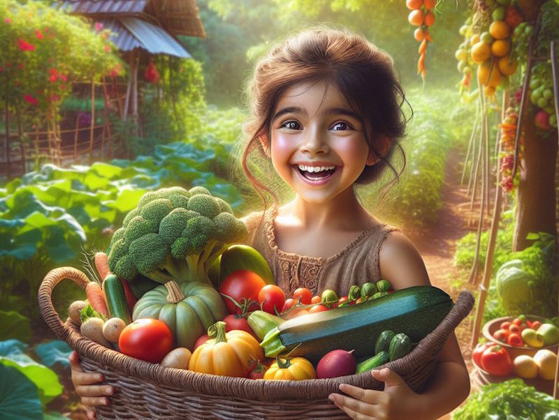 ребенок держит корзину с овощами и фруктами