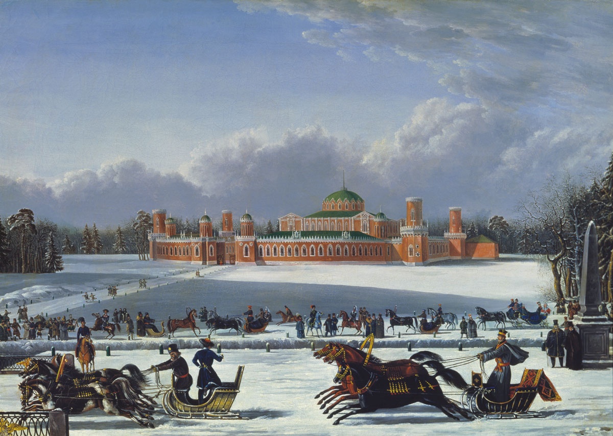 Санные гонки в Петровском парке. Неизвестный художник, 1830-е-40-е гг.
