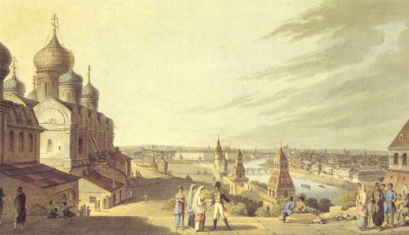 Вид с террасы Кремлевского дворца (XVIII век). Цветная аквитинта из альбома Роберта Бауэра