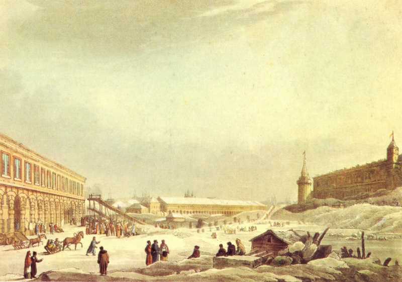 Вид ледяных гор во время сырныя неделя. Одно из изданий Гравюры на основе рисунка Ж. Делабарта. Лондон, 1813