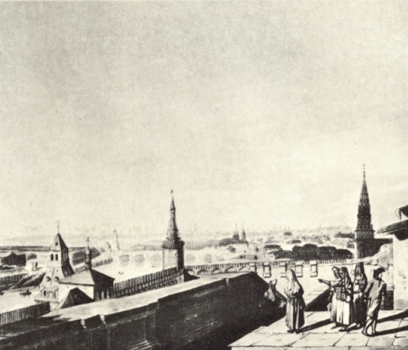 Вид Москвы с балкона императорского дворца. Одно из изданий гравюры на основе рисунка Ж. Делабарта. Лондон, 1813