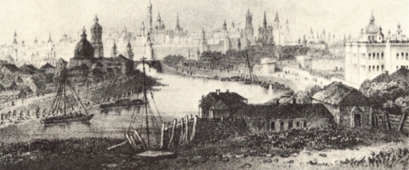 Вид Кремля с Воспитательного дома. Литография с рисунка О. Кадоля. 1825 г.